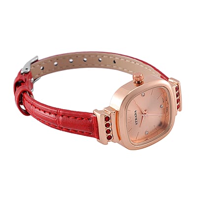 Strada White and Red Austrian Crystal Japanese Movement Watch with Wine Red Faux Leather Strap (34.80mm) (7.00-8.00 Inches)