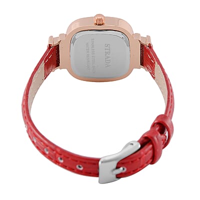 Strada White and Red Austrian Crystal Japanese Movement Watch with Wine Red Faux Leather Strap (34.80mm) (7.00-8.00 Inches)