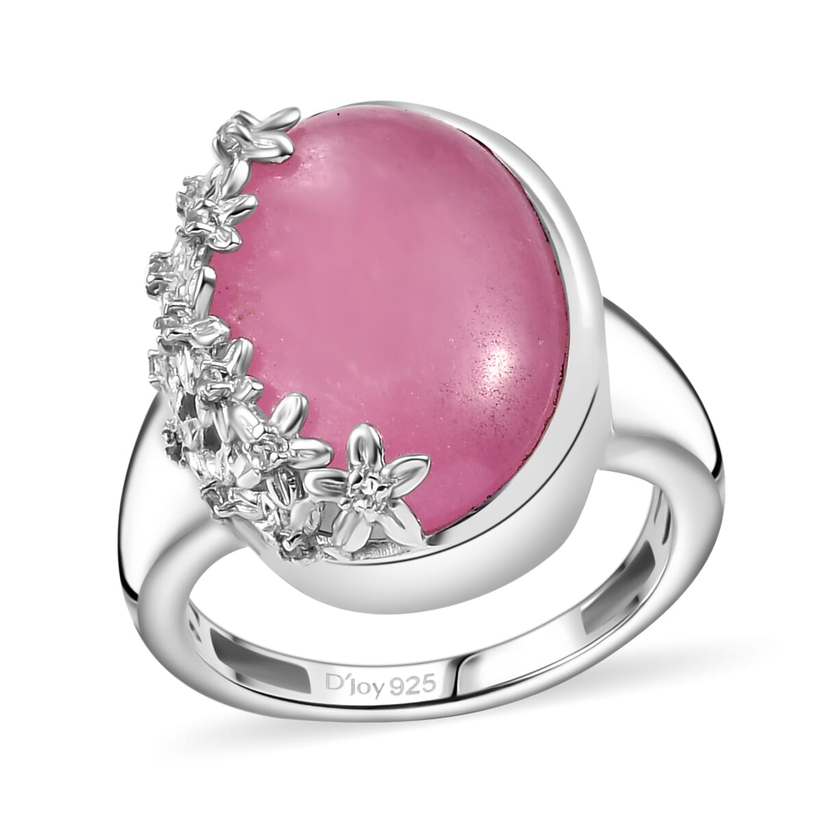 Pink Jade (D) and White Zircon 15.00 ctw Floral Ring in Rhodium Over Sterling Silver (Size 6.0) image number 0