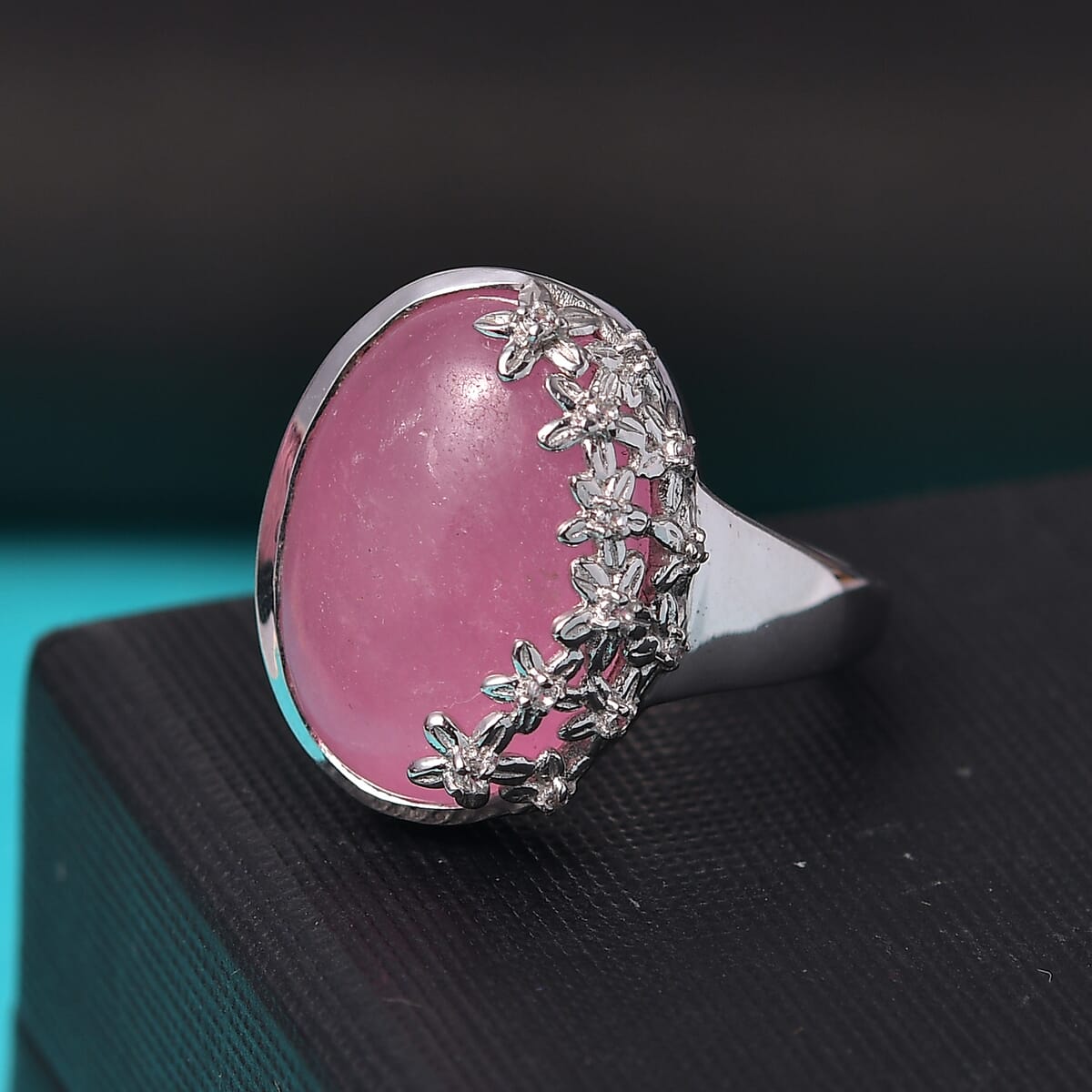 Pink Jade (D) and White Zircon 15.00 ctw Floral Ring in Rhodium Over Sterling Silver (Size 6.0) image number 1