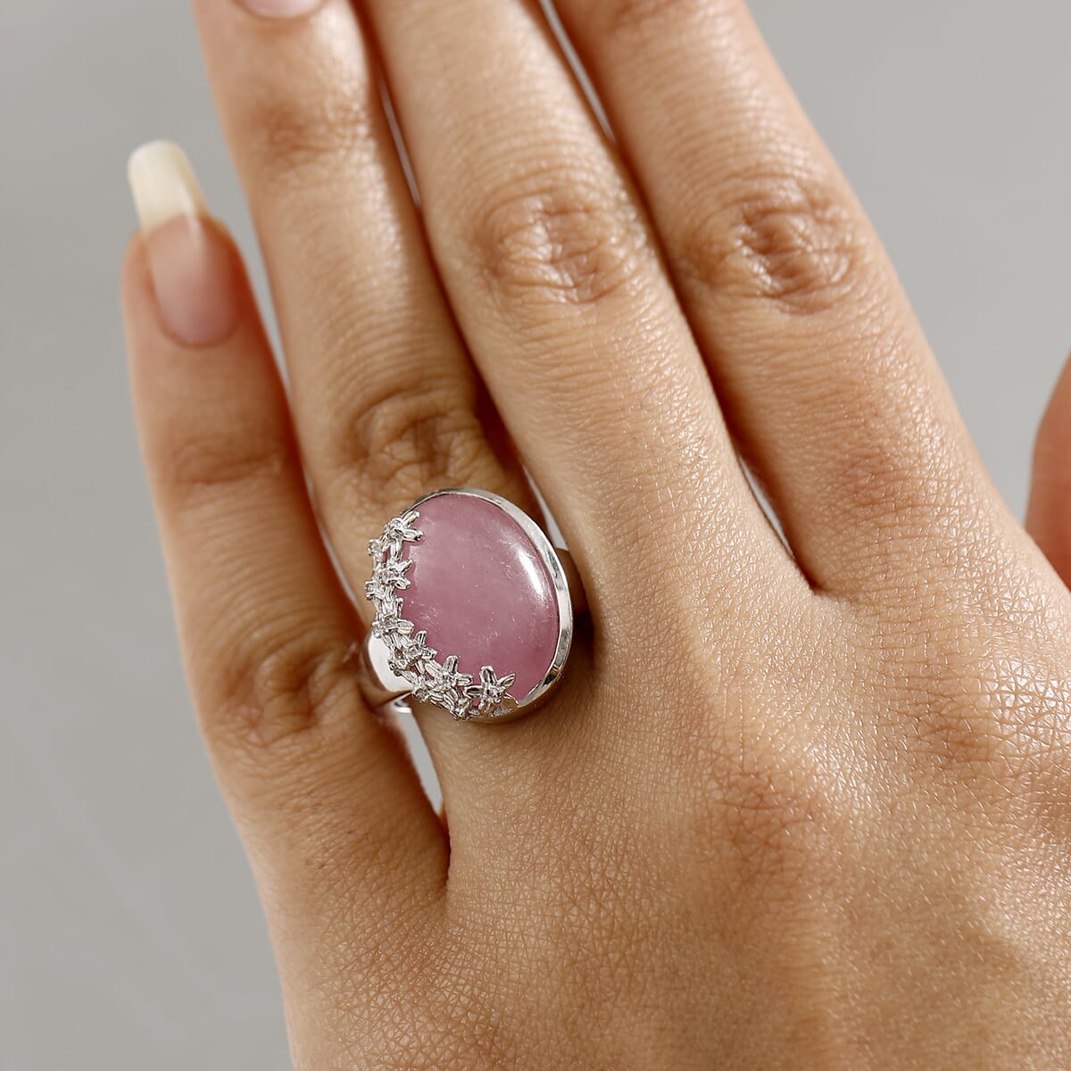 Pink Jade (D) and White Zircon 15.00 ctw Floral Ring in Rhodium Over Sterling Silver (Size 6.0) image number 2