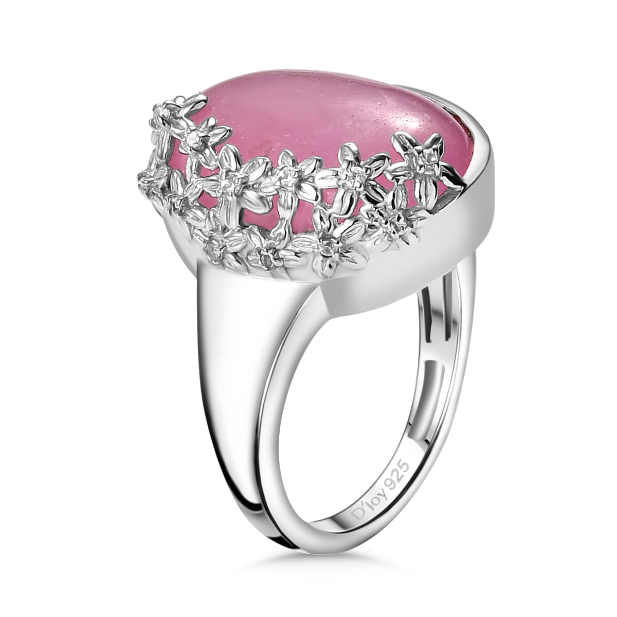 Pink Jade (D) and White Zircon 15.00 ctw Floral Ring in Rhodium Over Sterling Silver (Size 6.0) image number 3