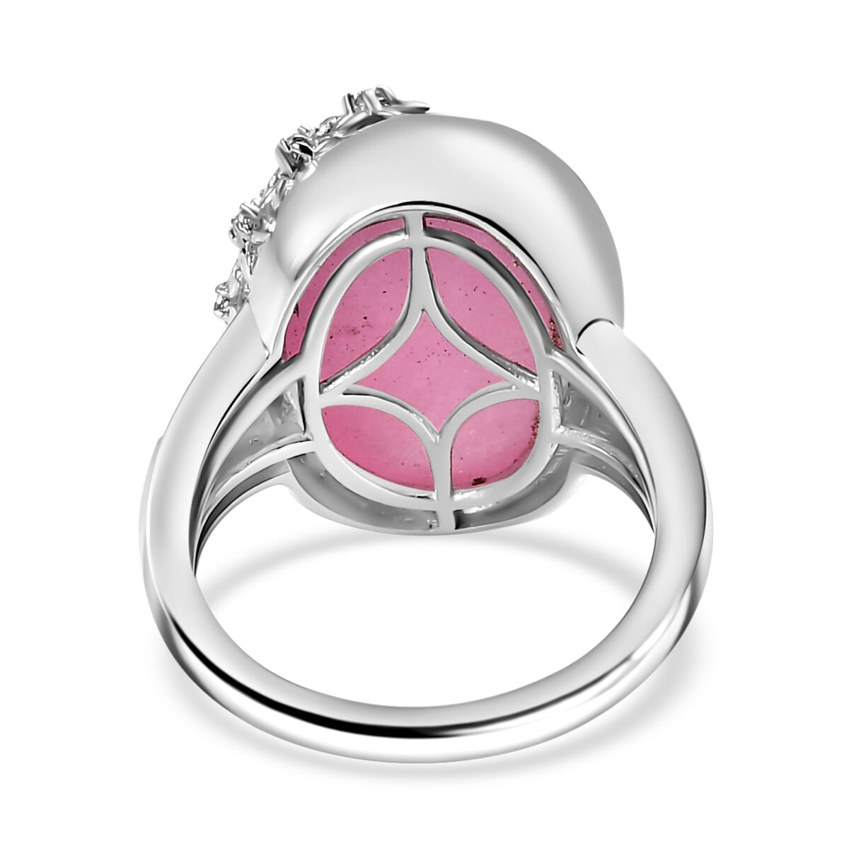 Pink Jade (D) and White Zircon 15.00 ctw Floral Ring in Rhodium Over Sterling Silver (Size 6.0) image number 4