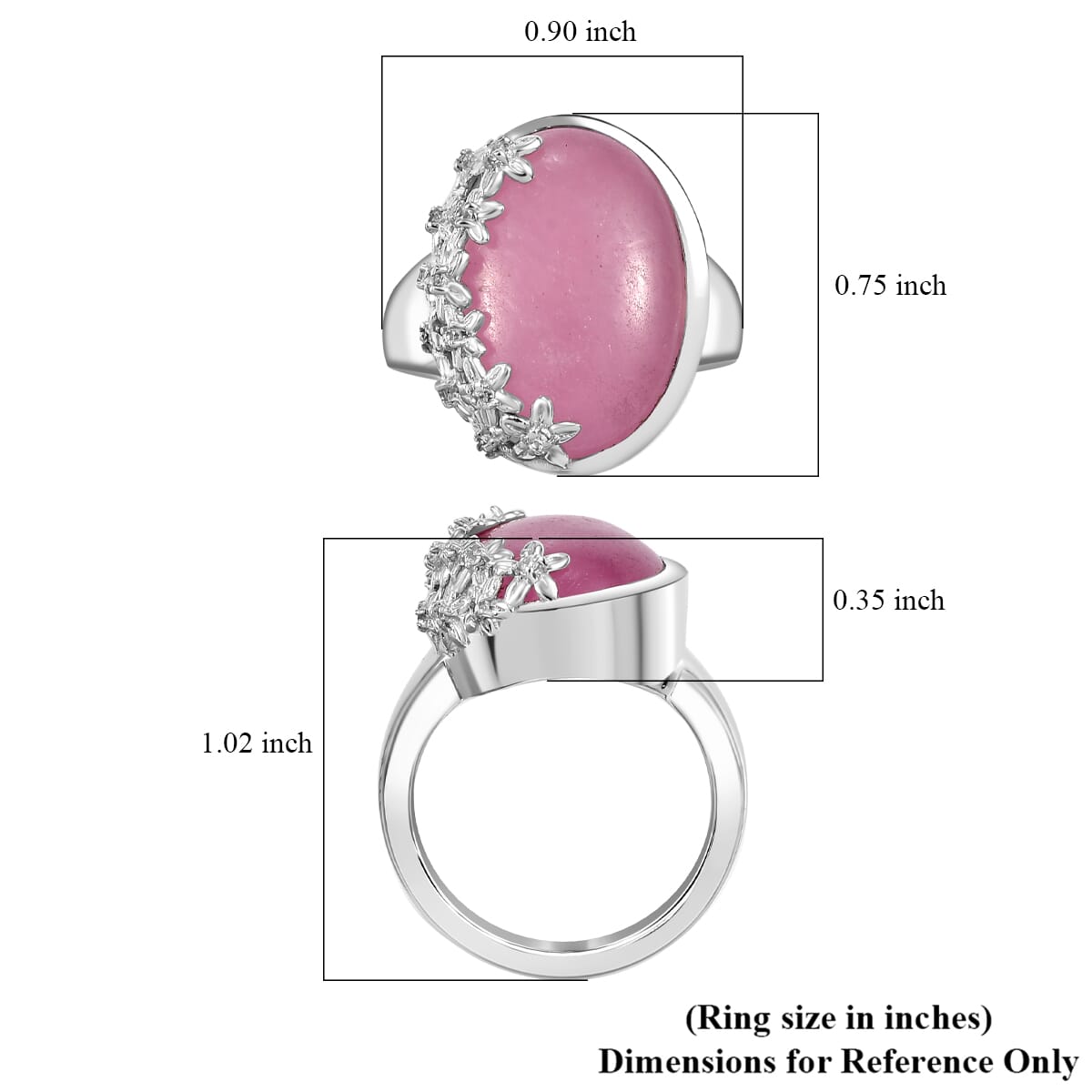Pink Jade (D) and White Zircon 15.00 ctw Floral Ring in Rhodium Over Sterling Silver (Size 6.0) image number 5