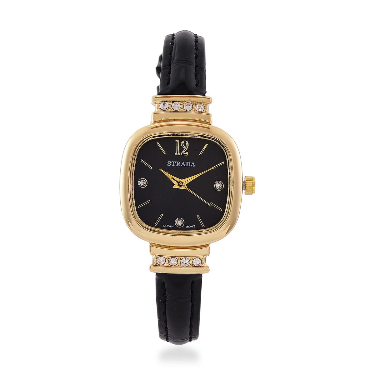 Strada White Austrian Crystal Japanese Movement Watch with Black Faux Leather Strap (34.80mm) (7.00-8.00 Inches) image number 0