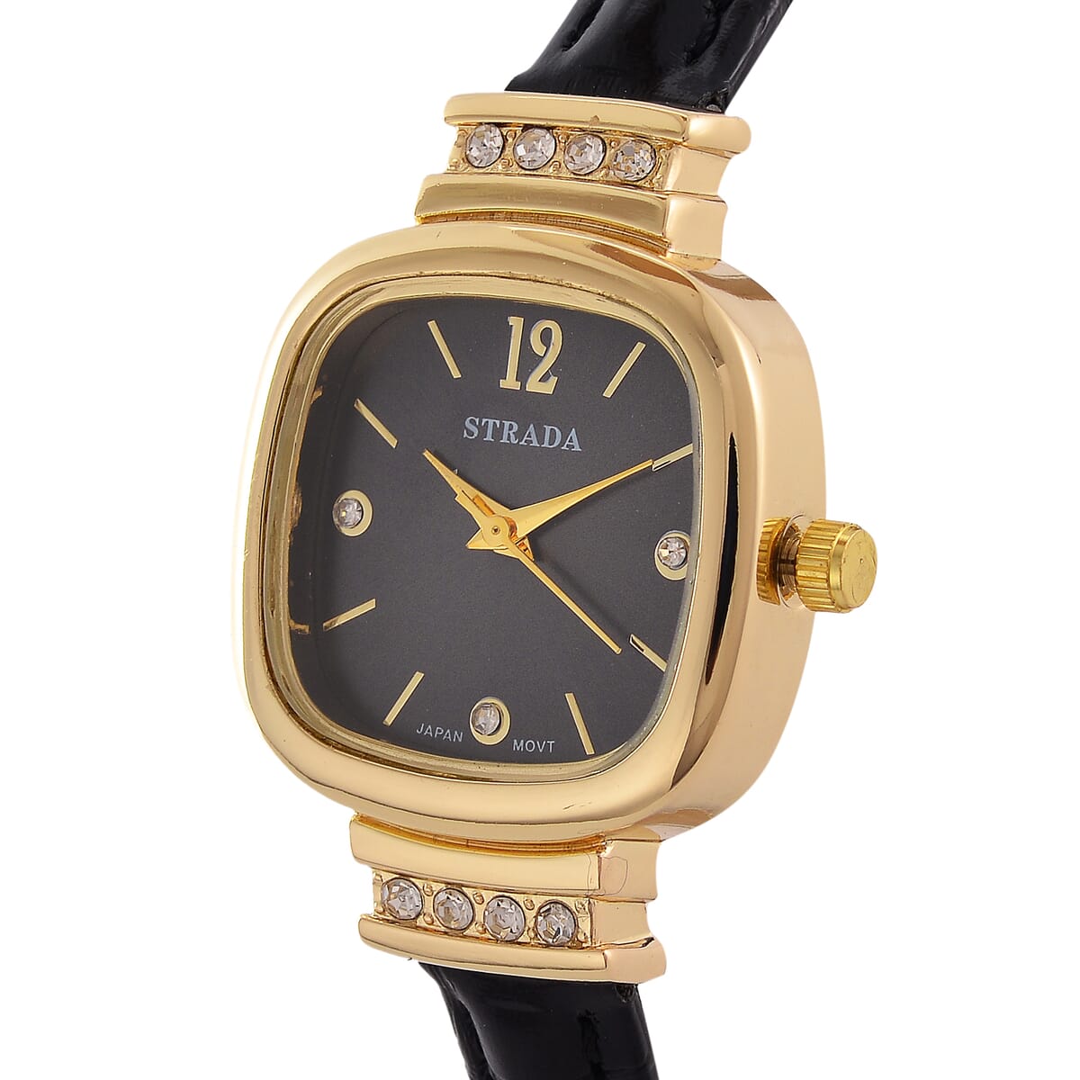 Strada White Austrian Crystal Japanese Movement Watch with Black Faux Leather Strap (34.80mm) (7.00-8.00 Inches) image number 2