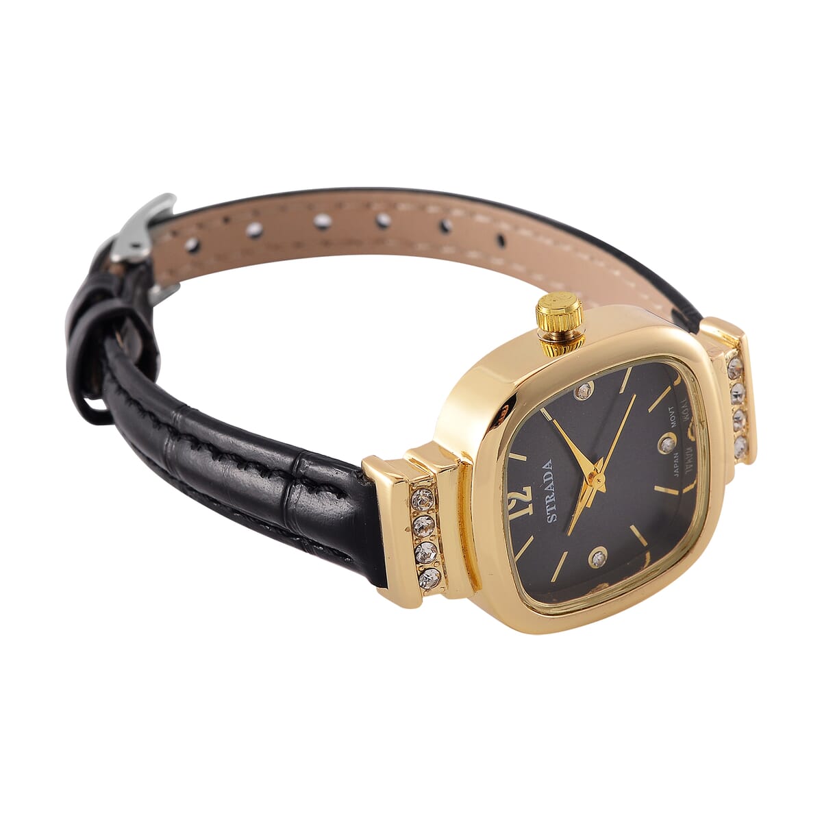 Strada White Austrian Crystal Japanese Movement Watch with Black Faux Leather Strap (34.80mm) (7.00-8.00 Inches) image number 4