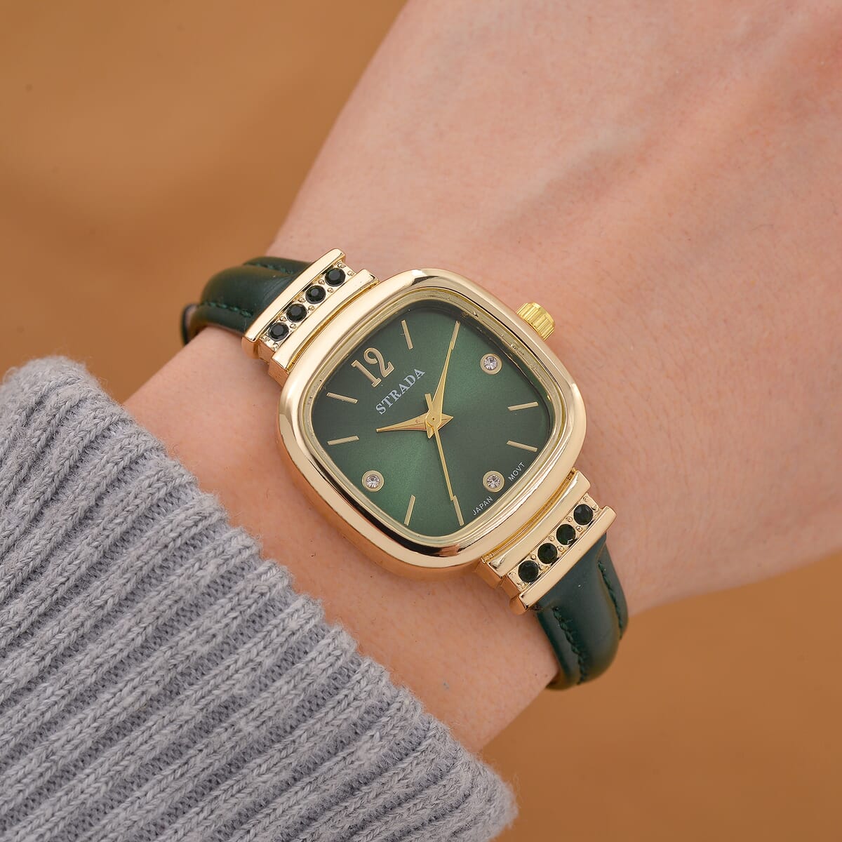 Strada White and Green Austrian Crystal Japanese Movement Watch with Dark Green Faux Leather Strap (34.80mm) (7.00-8.00 Inches) image number 1