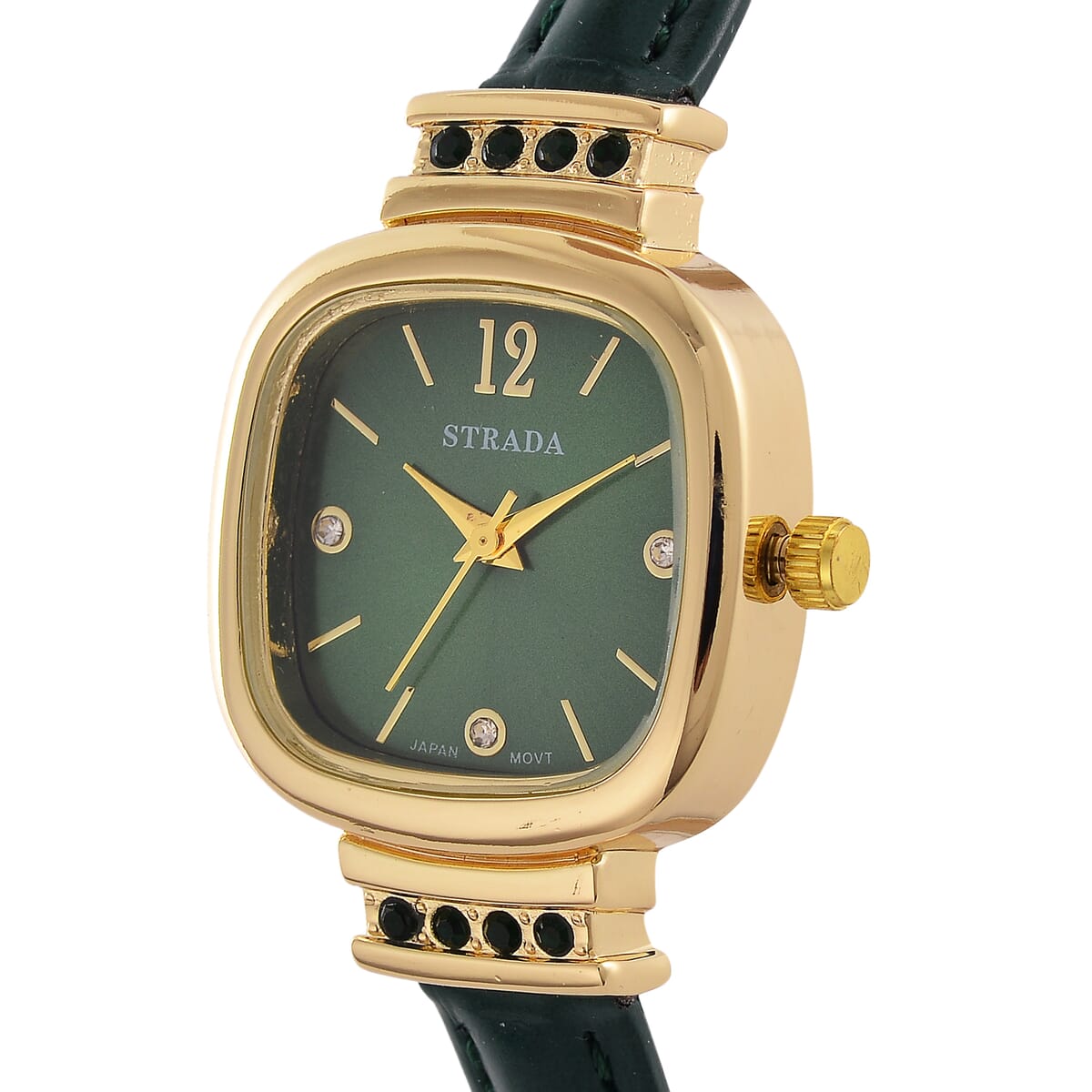 Strada White and Green Austrian Crystal Japanese Movement Watch with Dark Green Faux Leather Strap (34.80mm) (7.00-8.00 Inches) image number 2