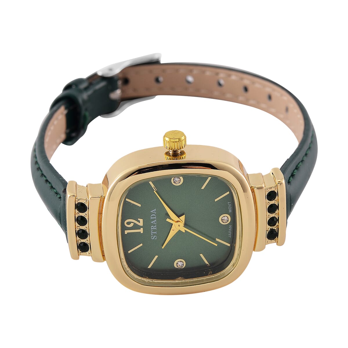 Strada White and Green Austrian Crystal Japanese Movement Watch with Dark Green Faux Leather Strap (34.80mm) (7.00-8.00 Inches) image number 3