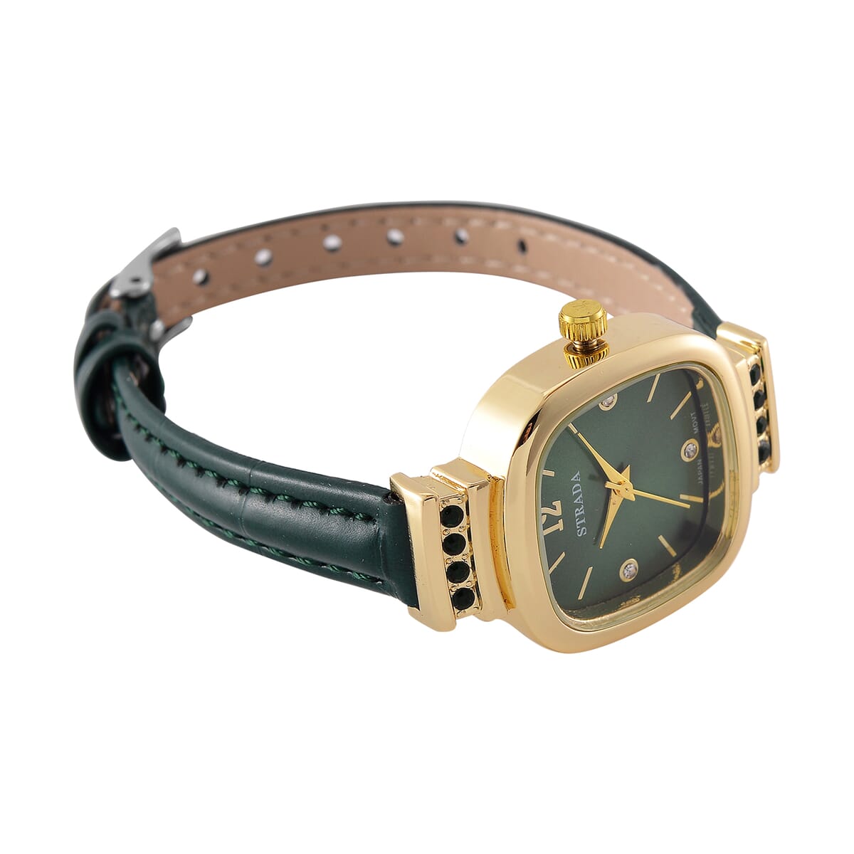 Strada White and Green Austrian Crystal Japanese Movement Watch with Dark Green Faux Leather Strap (34.80mm) (7.00-8.00 Inches) image number 4