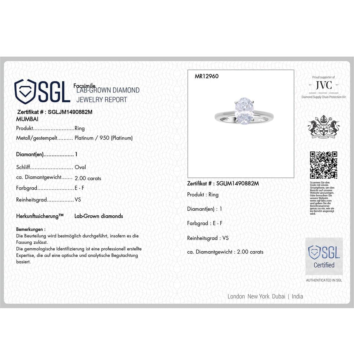 TLV IGI Certified 950 Platinum Luxuriant Lab Grown Diamond (G-H, VS) Ring (Size 10.0) 2.00 ctw image number 5