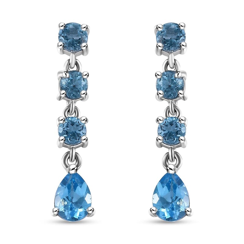 D'Joy Electric Blue Topaz and Swiss Blue Topaz 3.60 ctw Drop Earrings in Platinum Over Sterling Silver