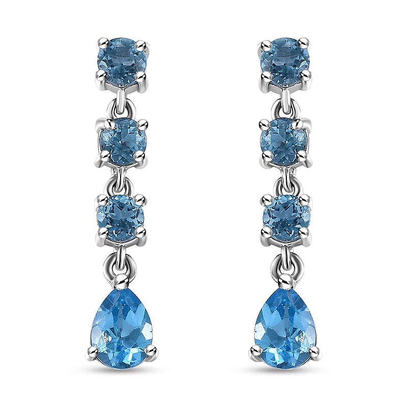 D'Joy Electric Blue Topaz and Swiss Blue Topaz 3.60 ctw Drop Earrings in Platinum Over Sterling Silver