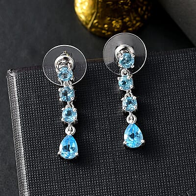 D'Joy Electric Blue Topaz and Swiss Blue Topaz 3.60 ctw Drop Earrings in Platinum Over Sterling Silver