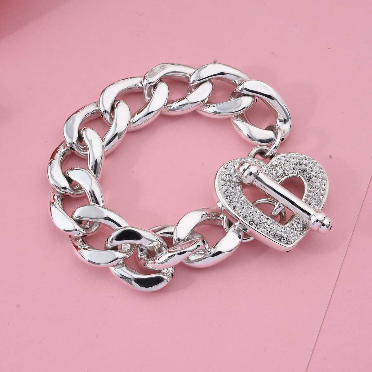 White Crystal Heart Bracelet in Sterling Silver (6.50 In) image number 1