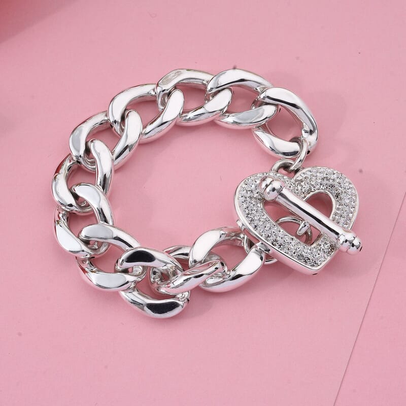 White Crystal Heart Bracelet in Sterling Silver (6.50 In)