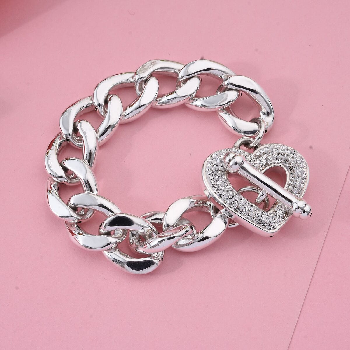 White Crystal Heart Bracelet in Sterling Silver (7.25 In) image number 1