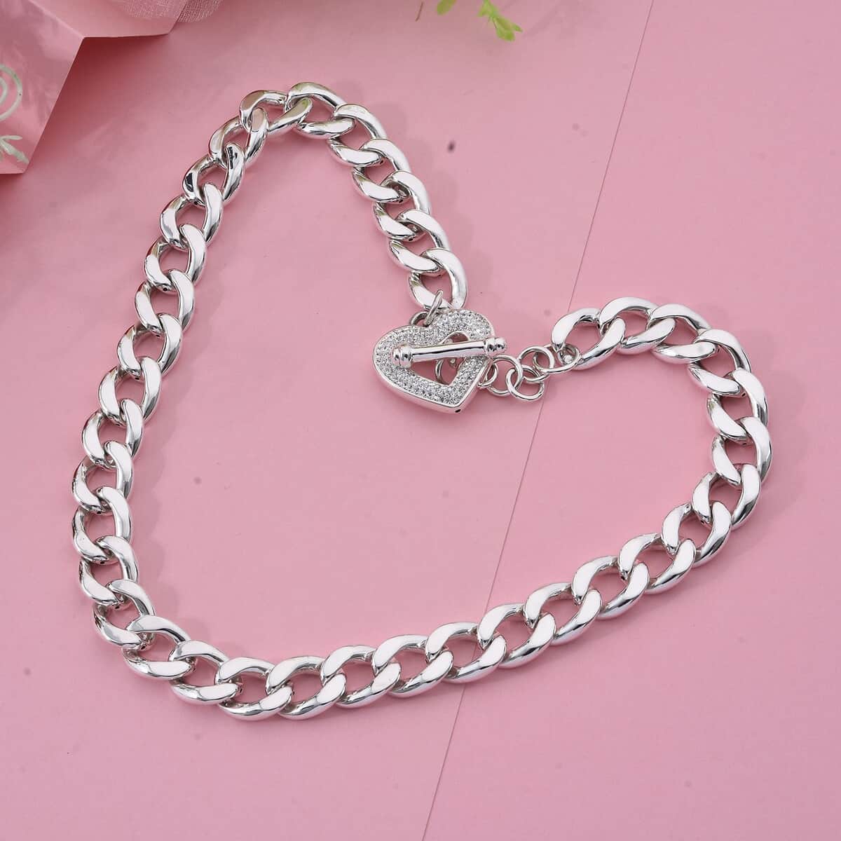 White Crystal Heart Necklace 20 Inches in Sterling Silver image number 1