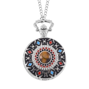 Strada Japanese Movement Tiger Eye 2.00 ctw, Multi Color Enameled Pocket Watch With Chain 31 Inches in Silvertone