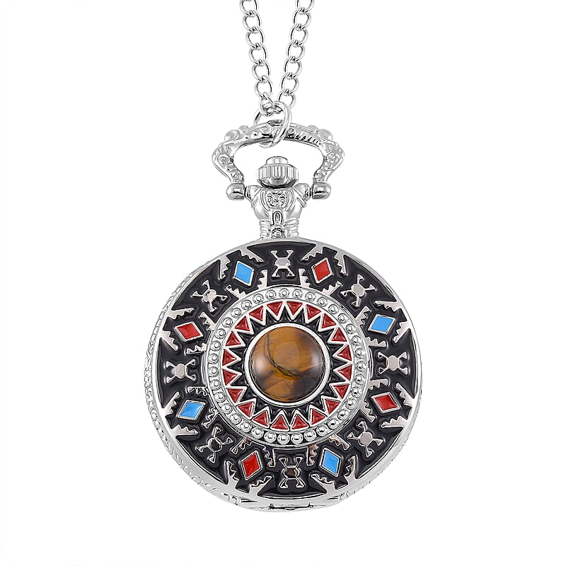 Strada Japanese Movement Tiger Eye 2.00 ctw, Multi Color Enameled Pocket Watch With Chain 31 Inches in Silvertone