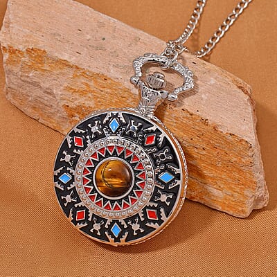 Strada Japanese Movement Tiger Eye 2.00 ctw, Multi Color Enameled Pocket Watch With Chain 31 Inches in Silvertone
