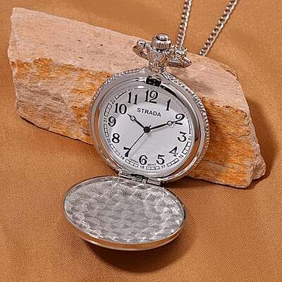 Strada Japanese Movement Tiger Eye 2.00 ctw, Multi Color Enameled Pocket Watch With Chain 31 Inches in Silvertone