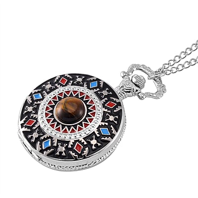 Strada Japanese Movement Tiger Eye 2.00 ctw, Multi Color Enameled Pocket Watch With Chain 31 Inches in Silvertone