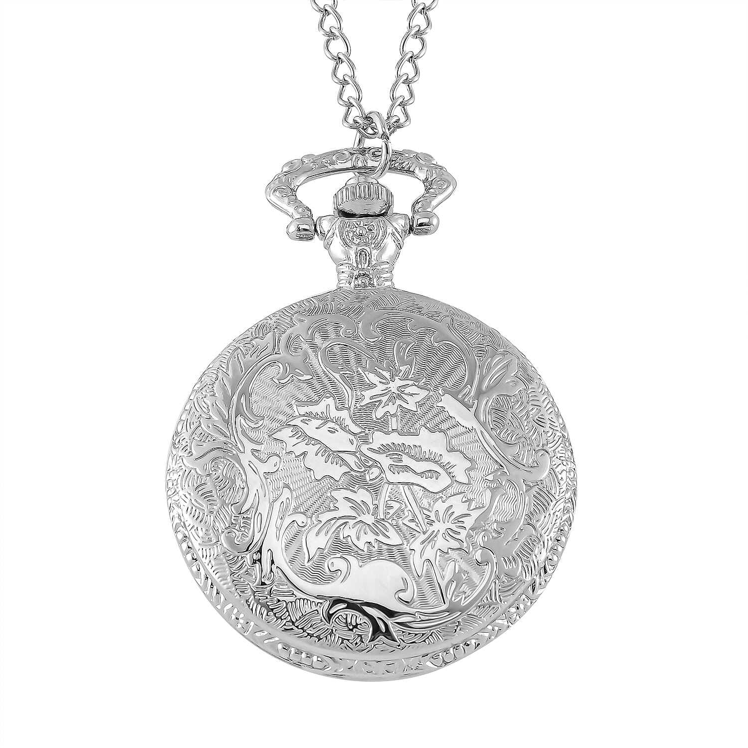 Strada Japanese Movement Tiger Eye 2.00 ctw, Multi Color Enameled Pocket Watch With Chain 31 Inches in Silvertone