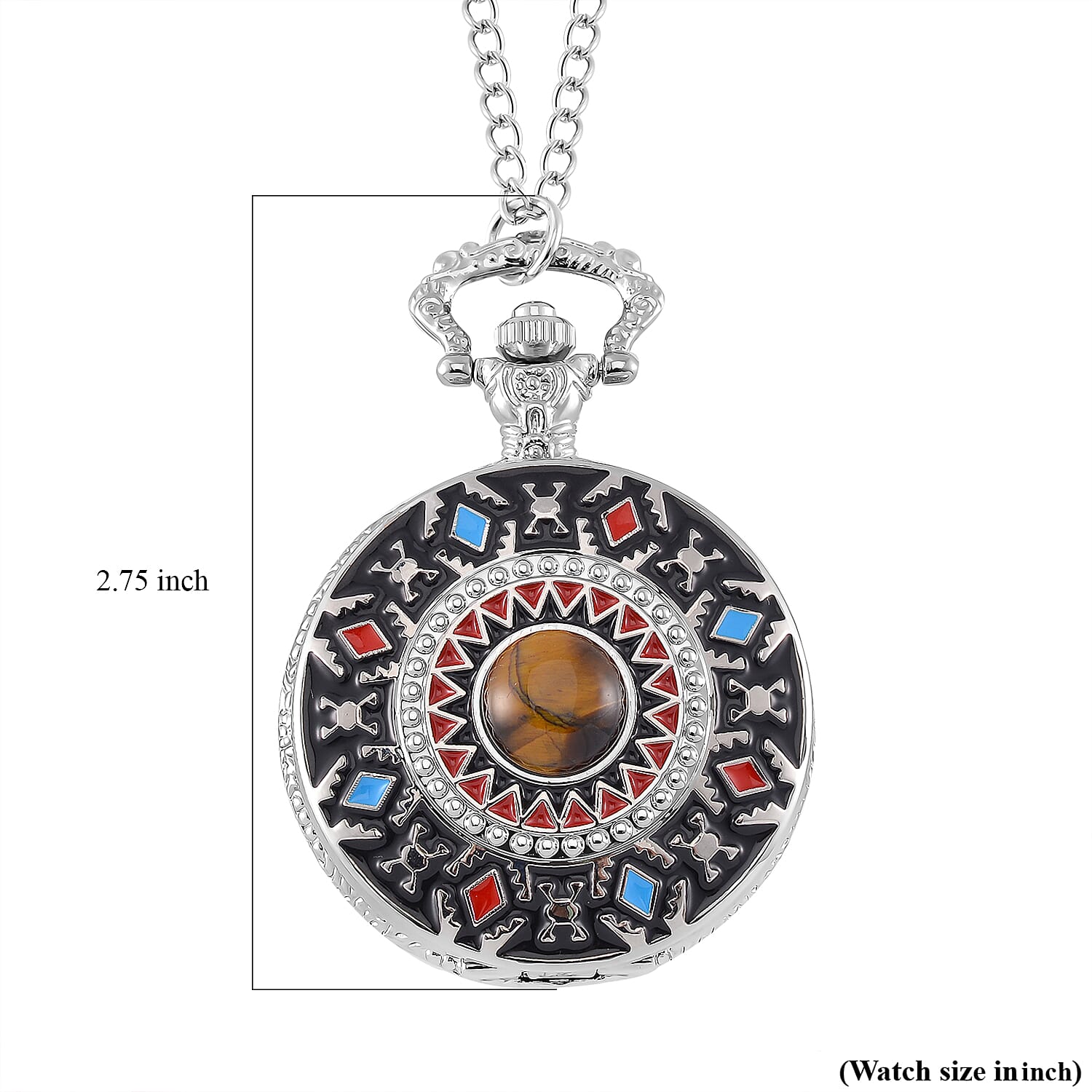 Strada Japanese Movement Tiger Eye 2.00 ctw, Multi Color Enameled Pocket Watch With Chain 31 Inches in Silvertone
