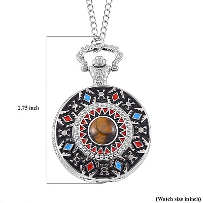 Strada Japanese Movement Tiger Eye 2.00 ctw, Multi Color Enameled Pocket Watch With Chain 31 Inches in Silvertone