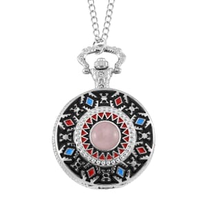 Strada Japanese Movement Rose Quartz 2.00 ctw, Multi Color Enameled Pocket Watch With Chain 31 Inches in Silvertone