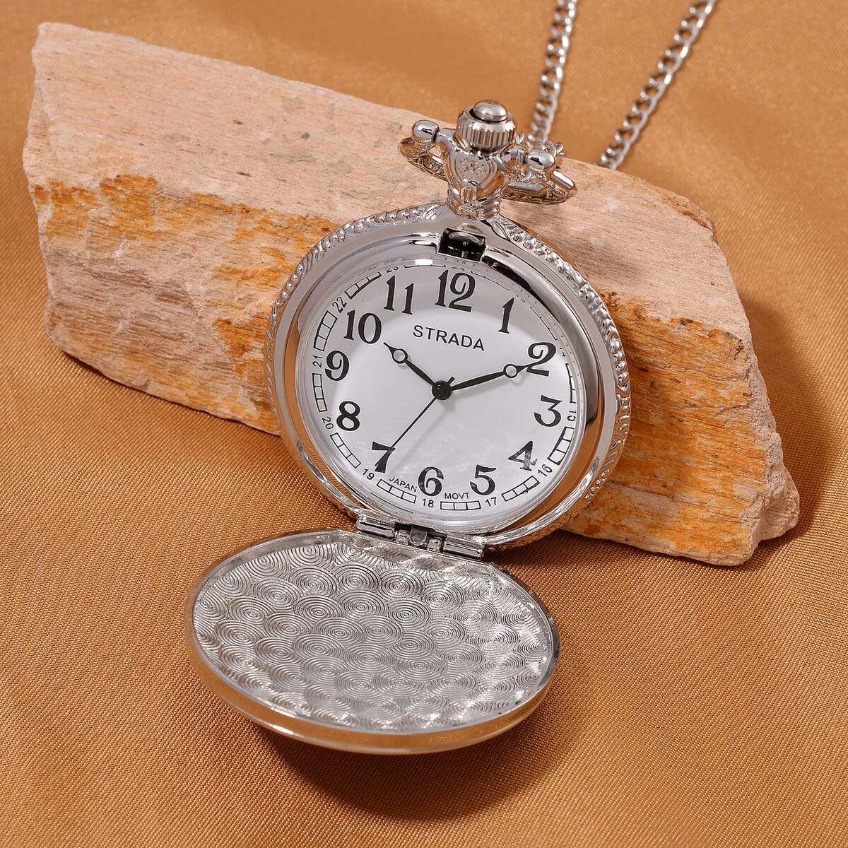 Strada Japanese Movement Rose Quartz 2.00 ctw, Multi Color Enameled Pocket Watch With Chain 31 Inches in Silvertone image number 2