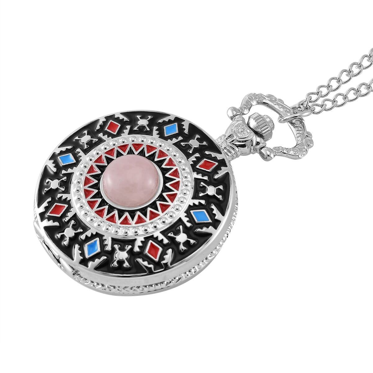 Strada Japanese Movement Rose Quartz 2.00 ctw, Multi Color Enameled Pocket Watch With Chain 31 Inches in Silvertone image number 3