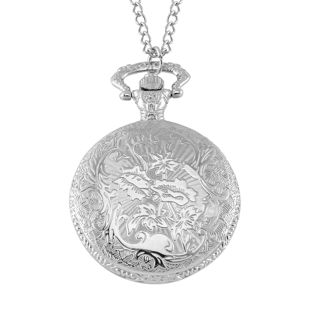Strada Japanese Movement Rose Quartz 2.00 ctw, Multi Color Enameled Pocket Watch With Chain 31 Inches in Silvertone image number 4