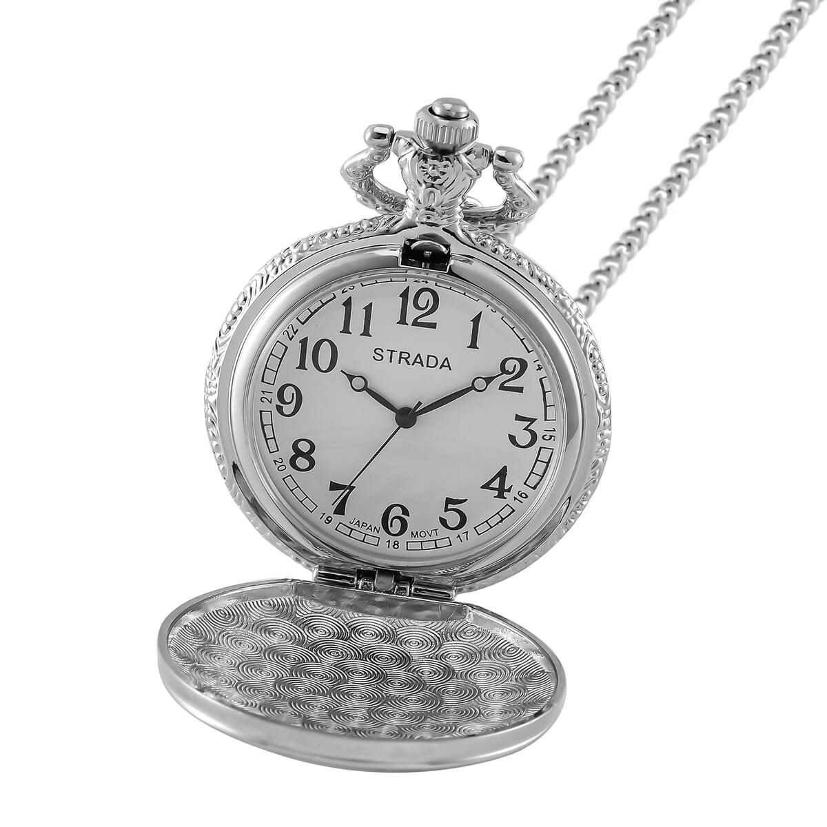 Strada Japanese Movement Rose Quartz 2.00 ctw, Multi Color Enameled Pocket Watch With Chain 31 Inches in Silvertone image number 5