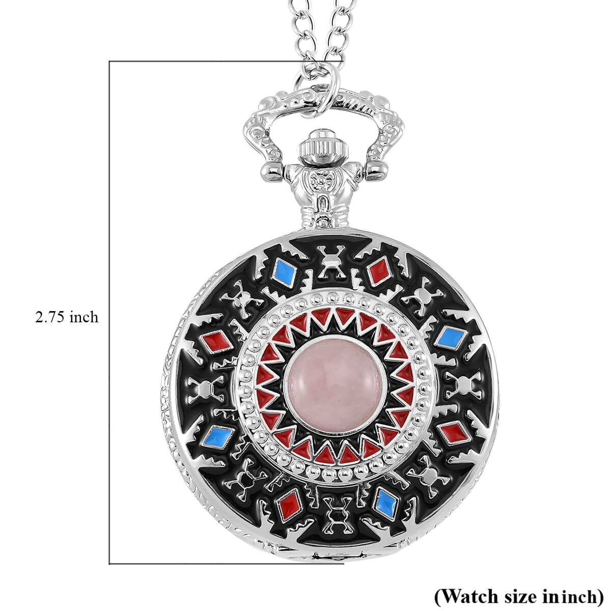 Strada Japanese Movement Rose Quartz 2.00 ctw, Multi Color Enameled Pocket Watch With Chain 31 Inches in Silvertone image number 7