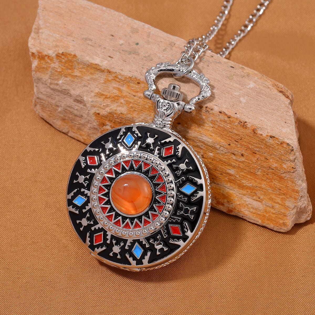 Strada Japanese Movement Red Agate 2.00 ctw, Multi Color Enameled Pocket Watch With Chain 31 Inches in Silvertone  image number 1