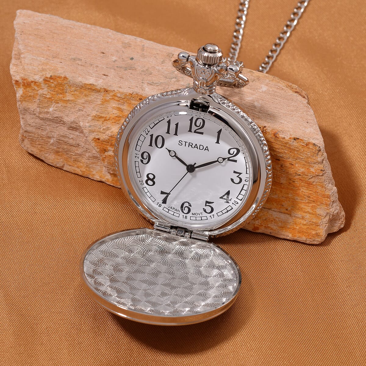 Strada Japanese Movement Red Agate 2.00 ctw, Multi Color Enameled Pocket Watch With Chain 31 Inches in Silvertone  image number 2