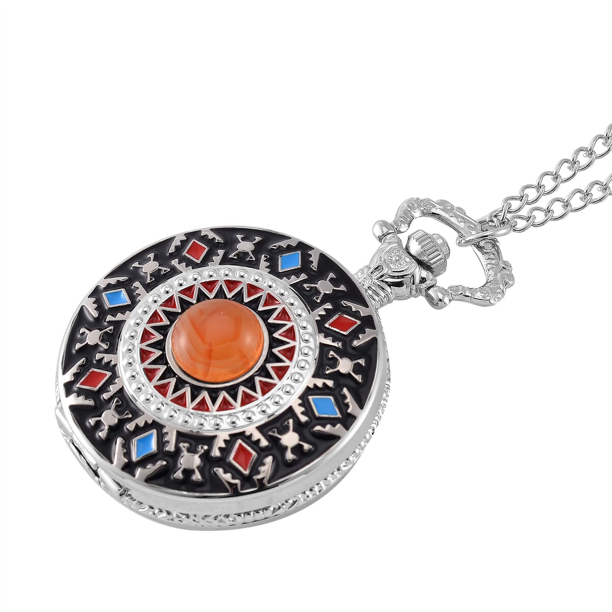 Strada Japanese Movement Red Agate 2.00 ctw, Multi Color Enameled Pocket Watch With Chain 31 Inches in Silvertone  image number 3