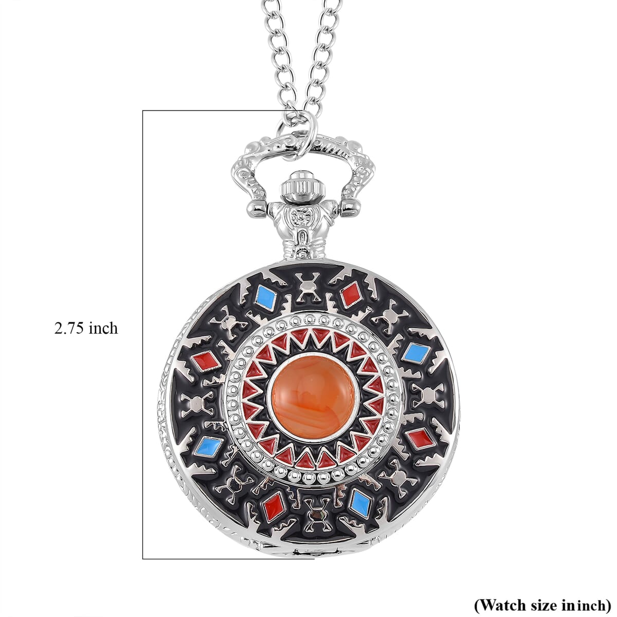 Strada Japanese Movement Red Agate 2.00 ctw, Multi Color Enameled Pocket Watch With Chain 31 Inches in Silvertone  image number 7