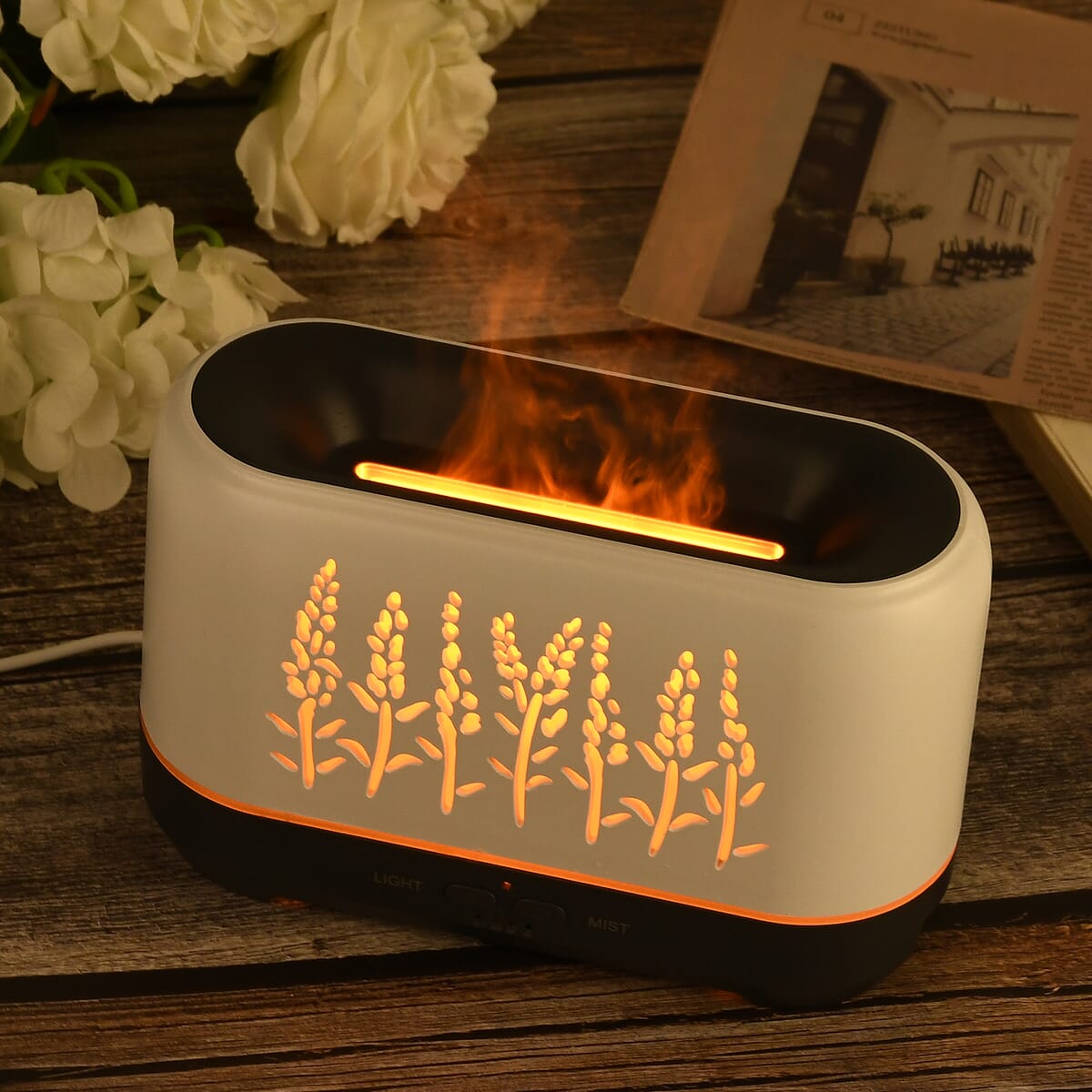 White Wheat Pattern Flame Aroma Diffuser with 10 Vials of Essential Oil image number 1
