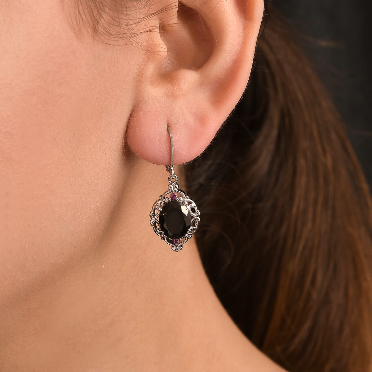 Elite Shungite and Orissa Rhodolite Garnet 5.20 ctw Lever Back Earrings in Stainless Steel image number 2