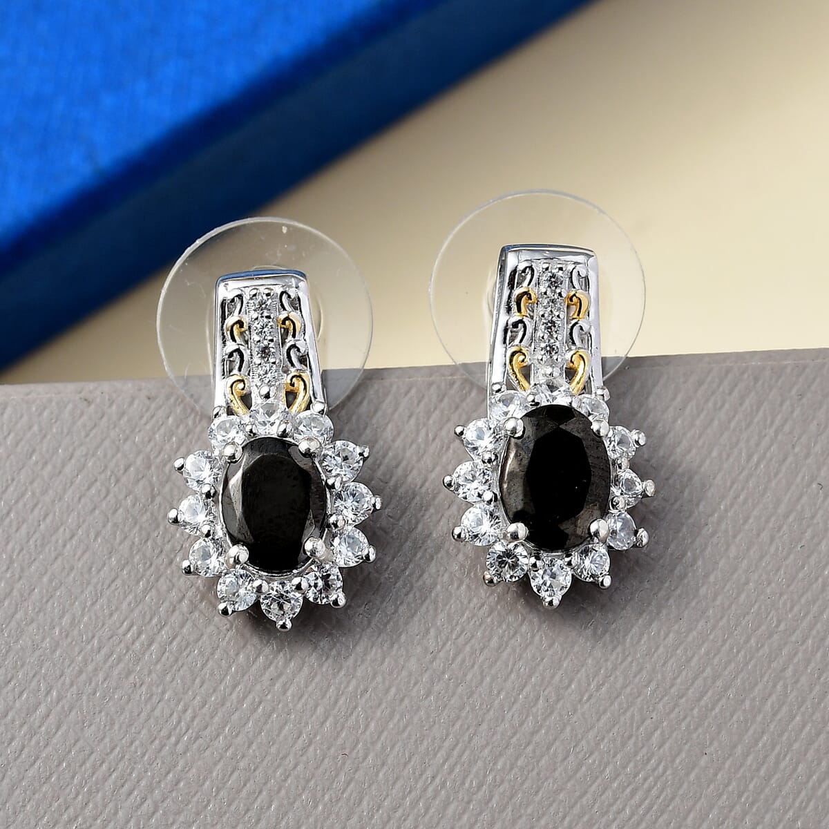 D'Joy Elite Shungite and White Zircon 2.90 ctw Solitaire Stud Earrings in 18K Vermeil YG and Rhodium Over Sterling Silver image number 1