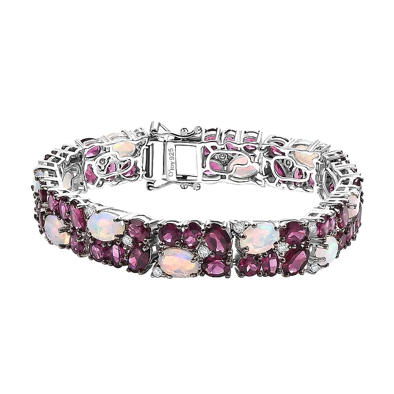 D'Joy Premium Ethiopian Welo Opal and Multi Gemstone 27.65 ctw Bracelet in Rhodium Over Sterling Silver (6.50 In)