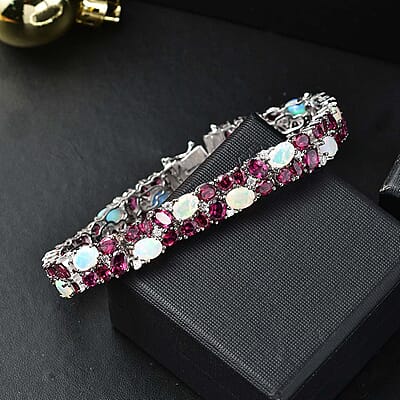 D'Joy Premium Ethiopian Welo Opal and Multi Gemstone 27.65 ctw Bracelet in Rhodium Over Sterling Silver (6.50 In)