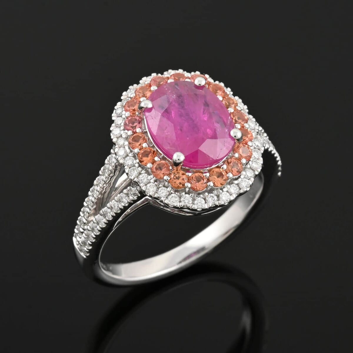 Doorbuster Certified & Appraised Rhapsody 950 Platinum AAAA Mozambique Ruby, Songea Sapphire, Diamond (E-F, VS) (0.3 cts) Ring (Size 5.5) (8 g) 2.50 ctw image number 1