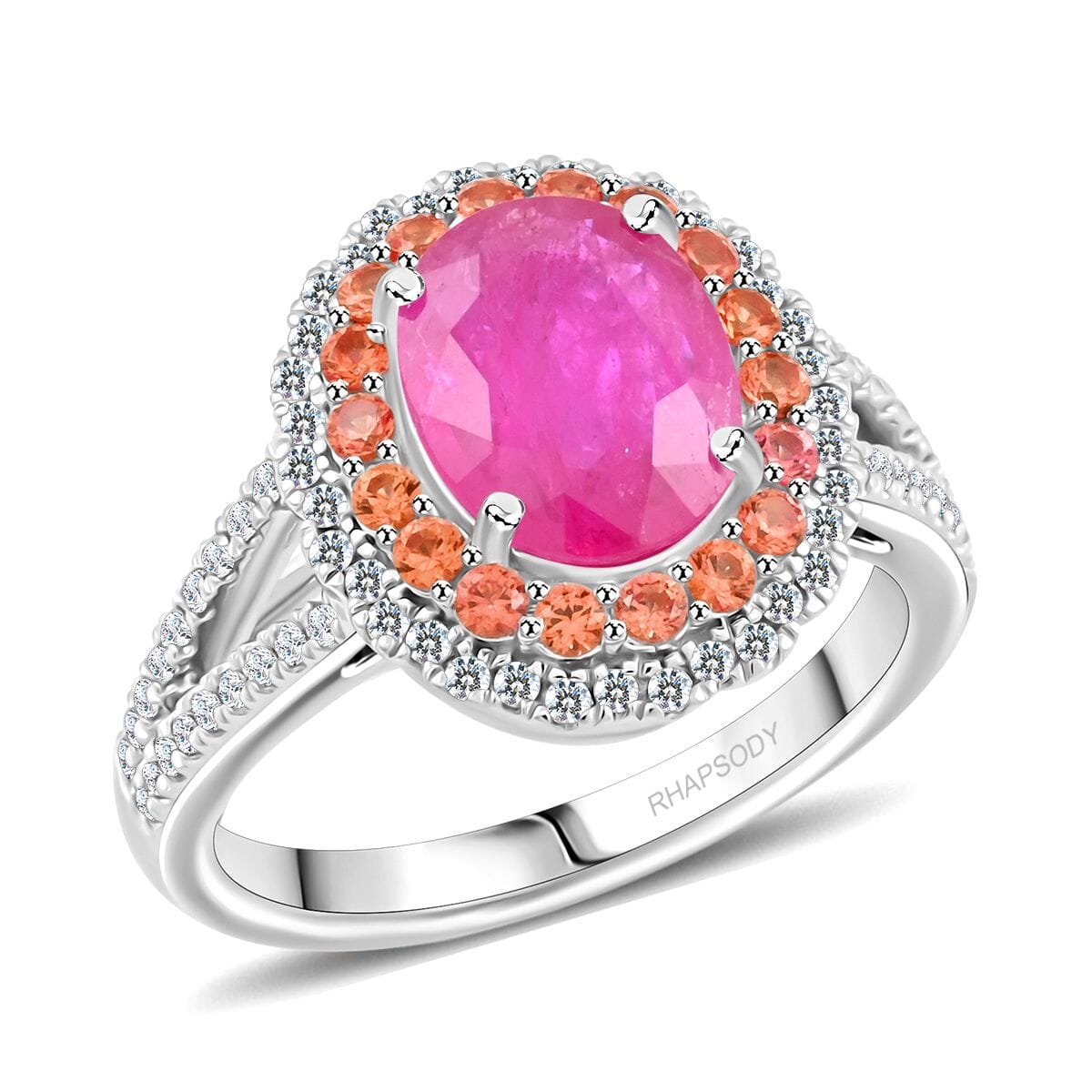 Certified & Appraised Rhapsody AAAA Mozambique Ruby, Padparadscha Sapphire and E-F VS Diamond 2.40 ctw Ring in 950 Platinum (Size 8.0) 8 Grams image number 0