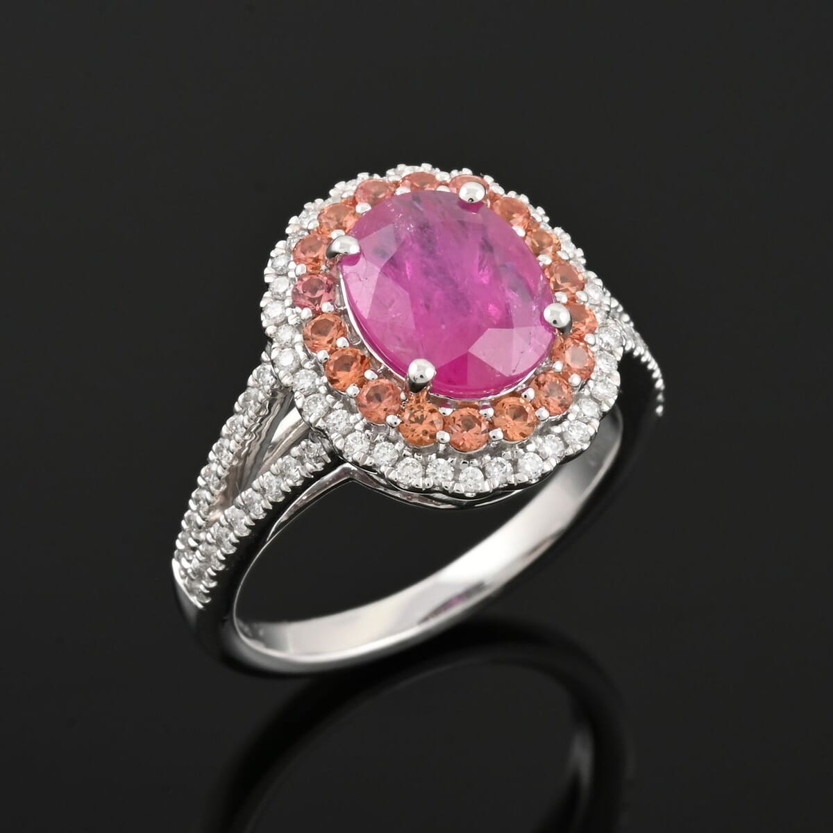 Certified & Appraised Rhapsody AAAA Mozambique Ruby, Padparadscha Sapphire and E-F VS Diamond 2.40 ctw Ring in 950 Platinum (Size 8.0) 8 Grams image number 1