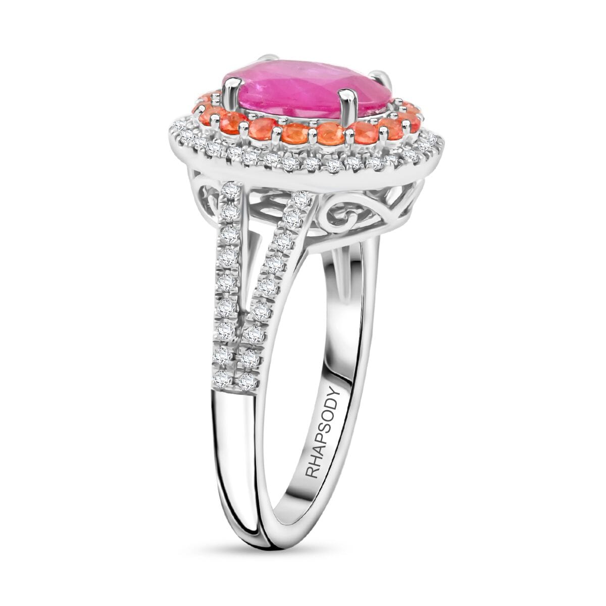 Certified & Appraised Rhapsody AAAA Mozambique Ruby, Padparadscha Sapphire and E-F VS Diamond 2.40 ctw Ring in 950 Platinum (Size 8.0) 8 Grams image number 2